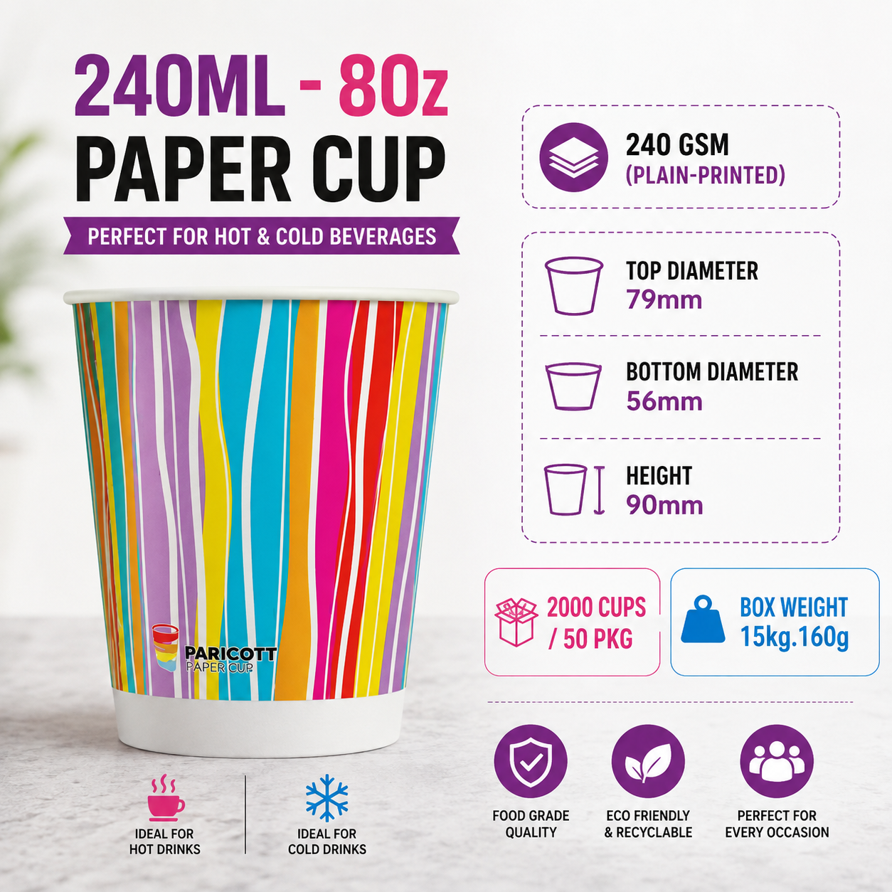 240ML | 8Oz Paper Cups with Paper Lids | 50 Cups + 50 Lids | 240 GSM