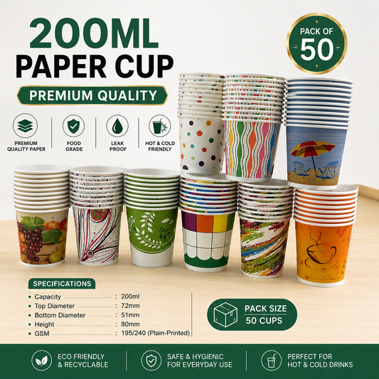 200ML Premium Paper Glasses | Printed Disposable Cups | Pack of 50