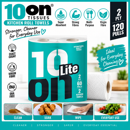 10on Lite Kitchen Towel 2-in-1 | 2-Ply | 2 Rolls | 120 Pulls | Super Absorbent & Strong Kitchen Towels