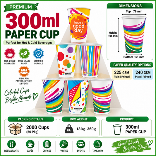 300ML Premium Paper Cups | 225 GSM & 240 GSM | Plain & Printed | 2000 Cups/Box