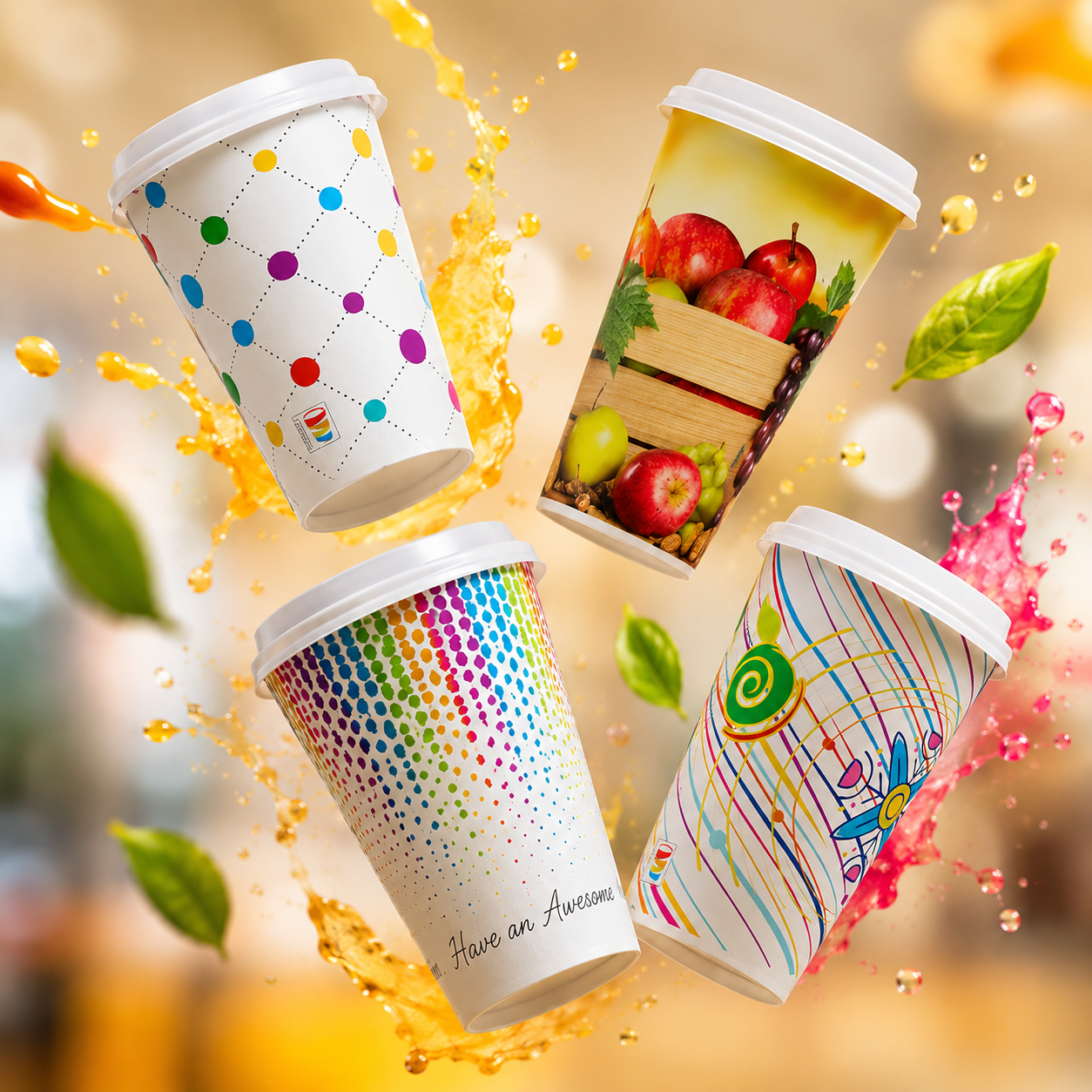 330ML Juice & Nutritional Paper Cups with Lids | 225/240 GSM | Printed & Plain | 50 Cups + Lids