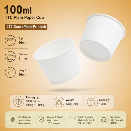 100ML ITC Plain White Paper Coffee Cup – Pack Of 50 - 172 GSM | Strong & Premium Quality