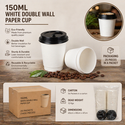 150ML White Double Wall Paper Cup - Pack Of 25 Pieces