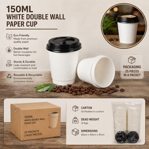 150ML White Double Wall Paper Cup - Pack Of 25 Pieces