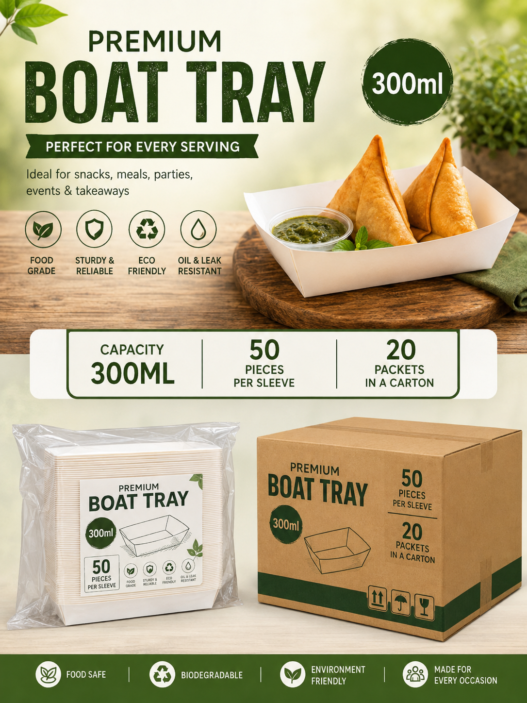 300ML Premium Boat Tray – Food Grade Disposable Serving Tray