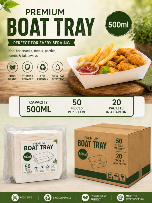 500ML Premium Boat Tray | Food Grade Disposable Serving Tray