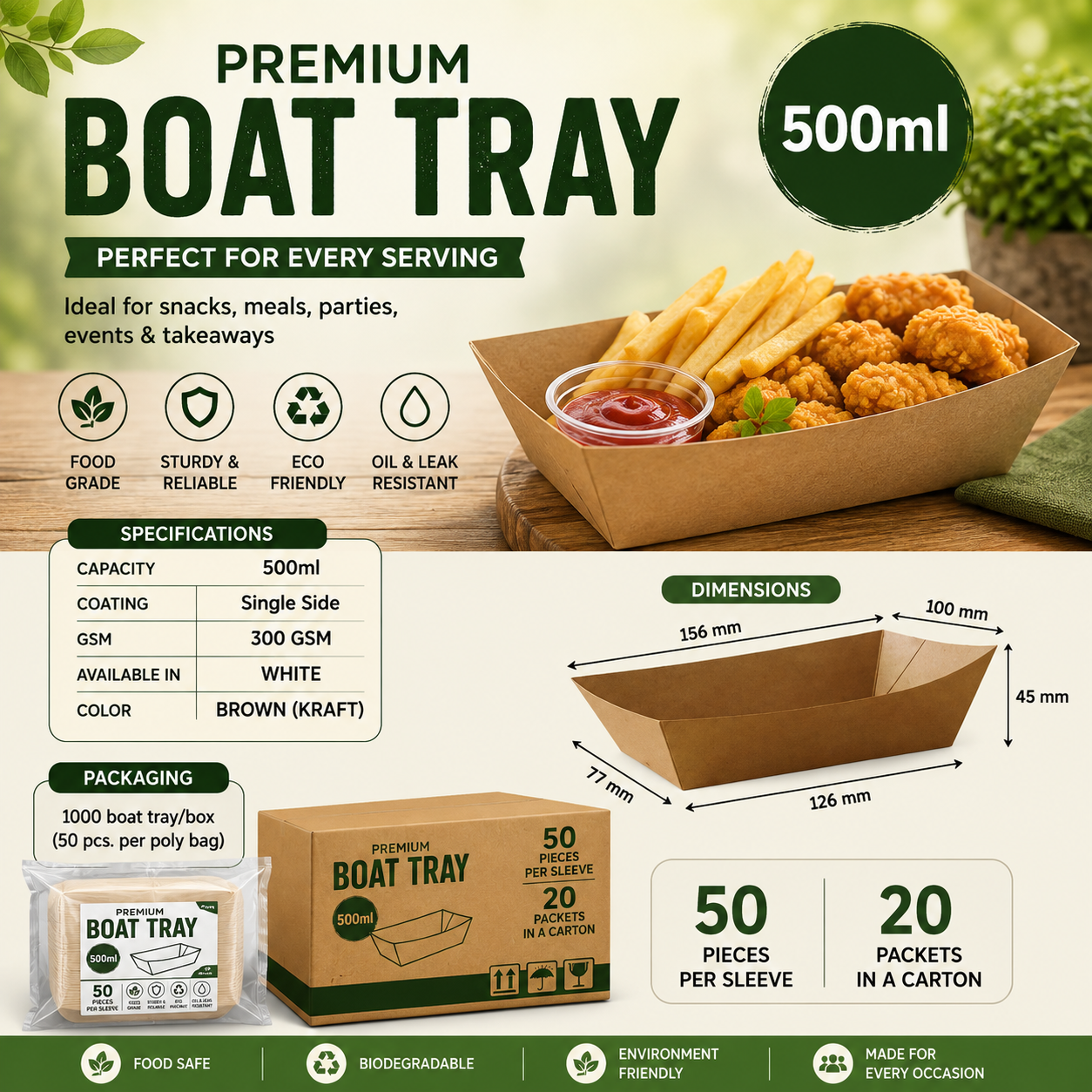 500ML Premium Boat Tray | Food Grade Disposable Serving Tray
