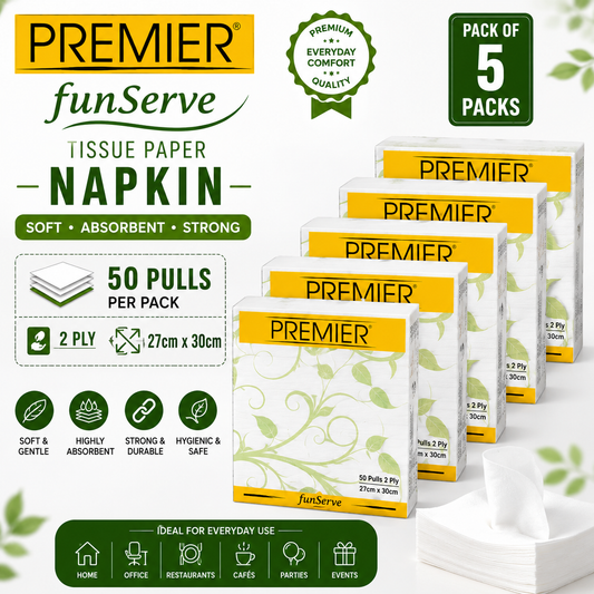 Premier FunServe Tissue Paper Napkin – 50 Pulls | Pack of 5 | 2 Ply | 27cm × 30cm