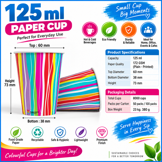 125ml Printed Paper Cups – 172 GSM | Colorful Designs | Hot & Cold Beverages | 8000 Cups