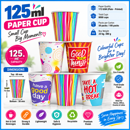 125ml Printed Paper Cups – 172 GSM | Colorful Designs | Hot & Cold Beverages | 8000 Cups