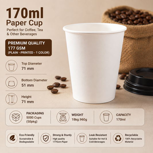 170ML Plain White Paper Cup – Pack of 50 - 177 GSM | Premium Disposable Coffee, Tea & Water Cup