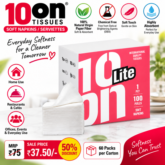 10on Lite Soft Napkins | 1-Ply | 100 Pulls | 27 × 30 CM | Premium Paper Napkins