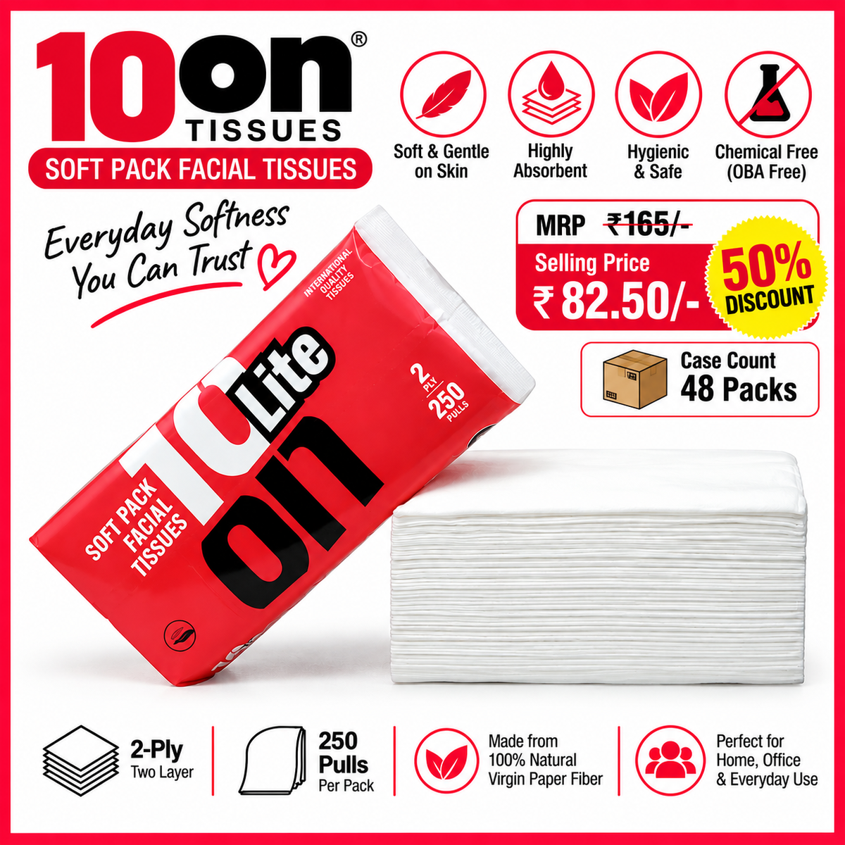 10on Lite Soft Pack Facial Tissues | 2-Ply | 250 Pulls | Soft & Absorbent Tissues | Premium Facial Napkins