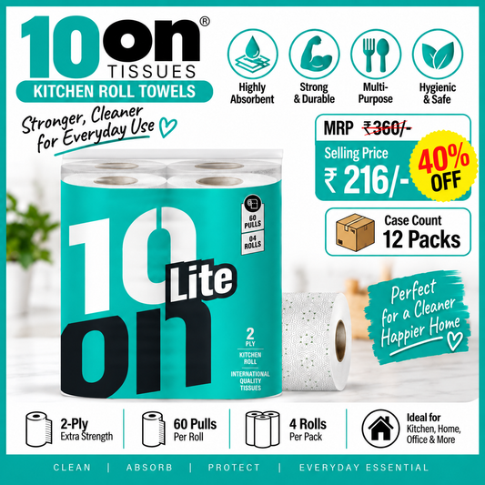 10on Lite Kitchen Roll Towels | 2-Ply | 4 Rolls | 240 Pulls | Super Absorbent & Strong Kitchen Tissue