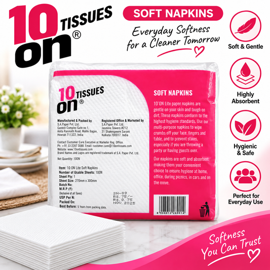 10on Lite Soft Napkins | 1-Ply | 100 Pulls | 27 × 30 CM | Premium Paper Napkins