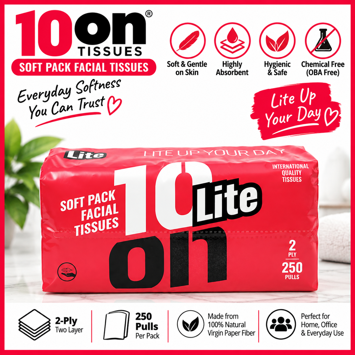 10on Lite Soft Pack Facial Tissues | 2-Ply | 250 Pulls | Soft & Absorbent Tissues | Premium Facial Napkins