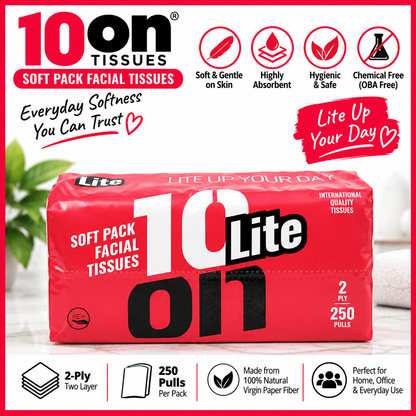 10on Lite Soft Pack Facial Tissues | 2-Ply | 250 Pulls | Soft & Absorbent Tissues | Premium Facial Napkins