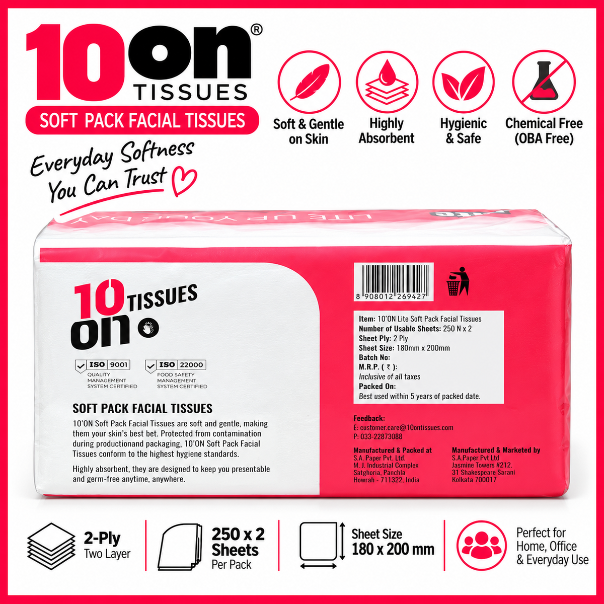 10on Lite Soft Pack Facial Tissues | 2-Ply | 250 Pulls | Soft & Absorbent Tissues | Premium Facial Napkins