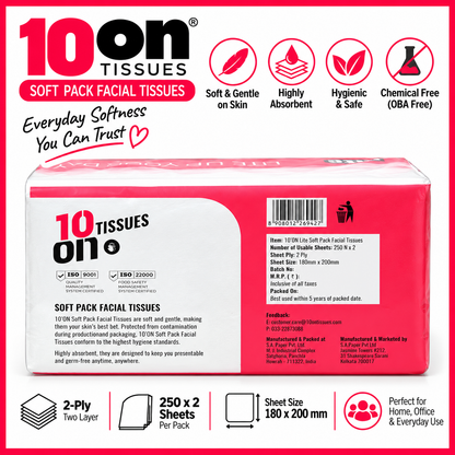 10on Lite Soft Pack Facial Tissues | 2-Ply | 250 Pulls | Soft & Absorbent Tissues | Premium Facial Napkins