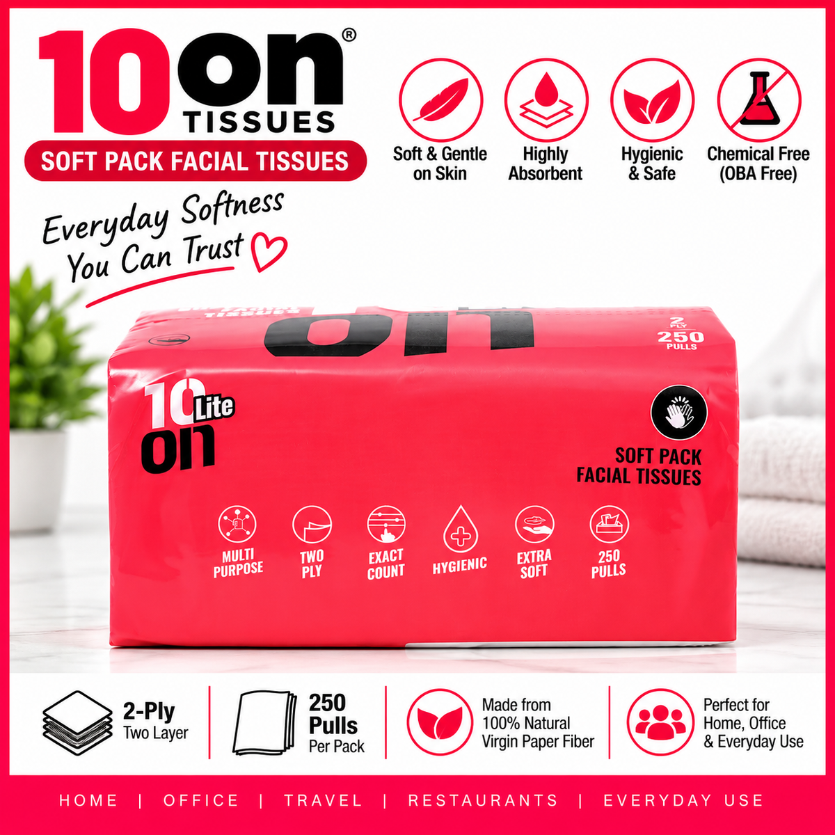 10on Lite Soft Pack Facial Tissues | 2-Ply | 250 Pulls | Soft & Absorbent Tissues | Premium Facial Napkins