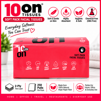 10on Lite Soft Pack Facial Tissues | 2-Ply | 250 Pulls | Soft & Absorbent Tissues | Premium Facial Napkins
