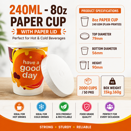 240ML | 8Oz Paper Cups with Paper Lids | 50 Cups + 50 Lids | 240 GSM