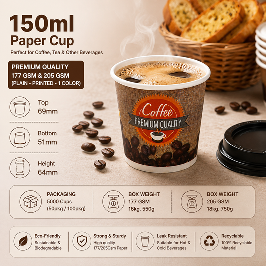 150ML Premium Paper Cup – Pack Of 50 - 177/205 GSM | Coffee, Tea & Water Cup | Plain & 1-Color Printed