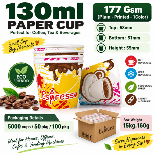 130ML Paper Cups | 177 GSM | Plain & Printed 1-Color | Premium Disposable Cups
