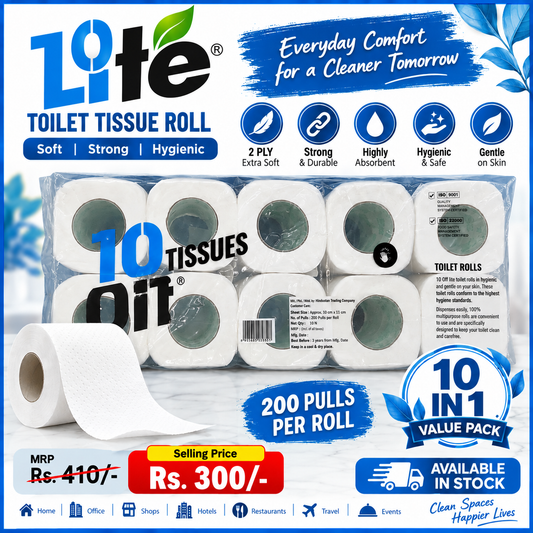 10ON-Lite Toilet Tissue Roll – 2 Ply | 200 Pulls | 10 Rolls Pack | Money Saver Pack