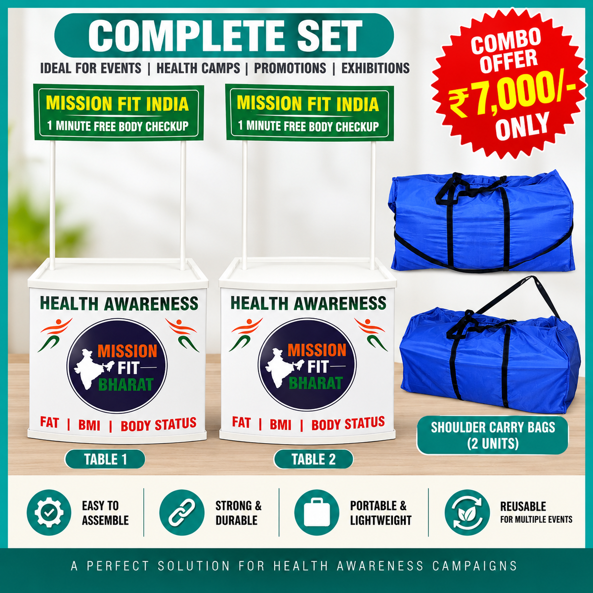 Mission Fit India Health Awareness Counter Set | 2 Tables + 2 Shoulder Carry Bags | Portable Health Checkup Display Kit