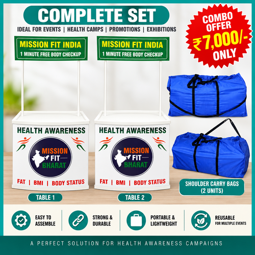 Mission Fit India Health Awareness Counter Set | 2 Tables + 2 Shoulder Carry Bags | Portable Health Checkup Display Kit
