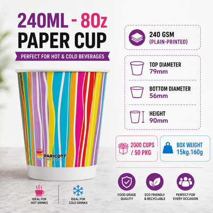 240ML | 8Oz Paper Cups with Paper Lids | 50 Cups + 50 Lids | 240 GSM