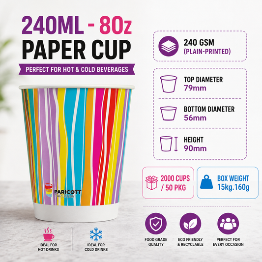 240ML | 8Oz Paper Cups with Paper Lids | 50 Cups + 50 Lids | 240 GSM