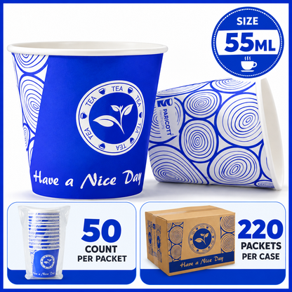 55ML Premium Disposable Paper Tea Cups – 50 Cups per Packet | 220 Packets per Case | Blue & White Printed Cups