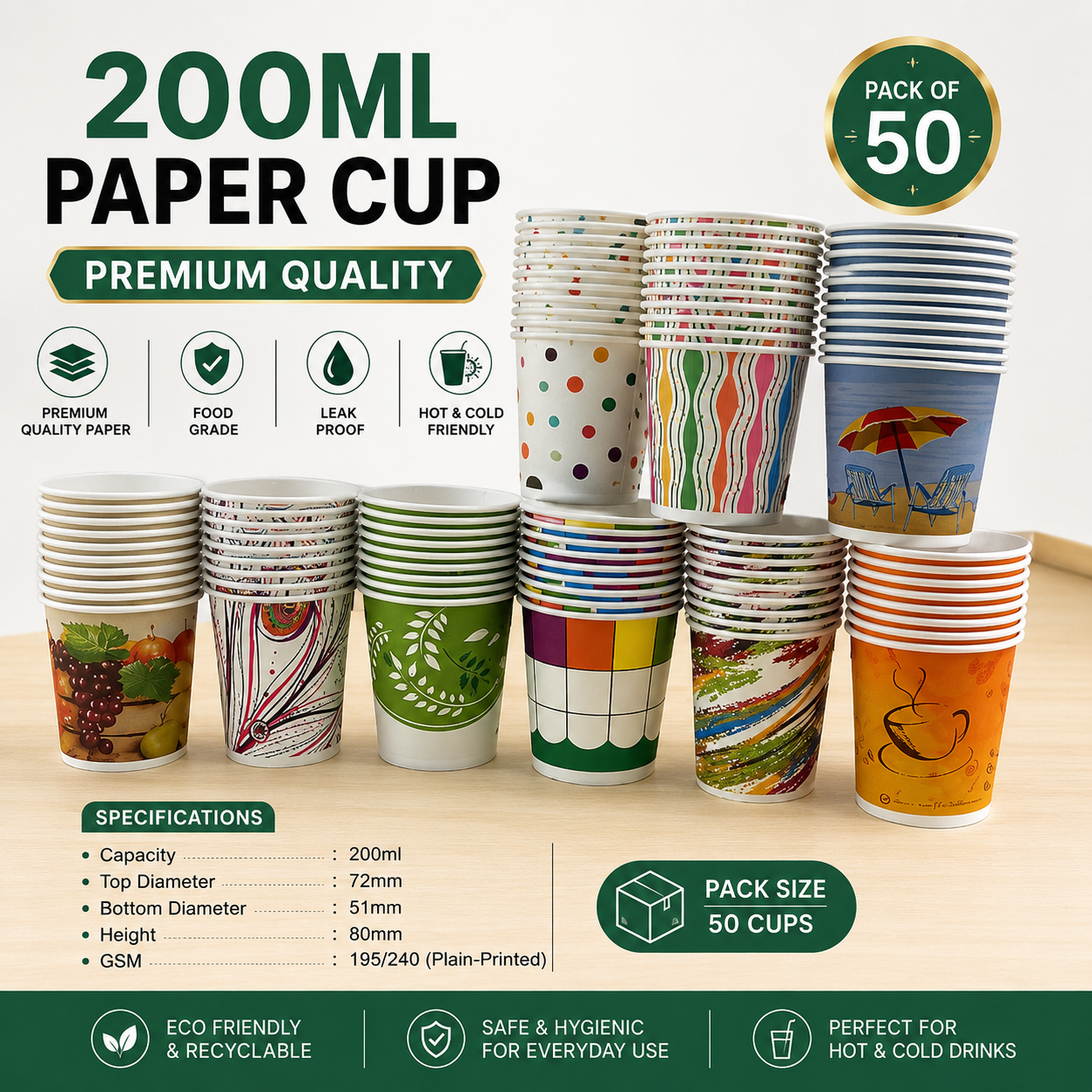 200ML Premium Paper Glasses | Printed Disposable Cups | Pack of 50