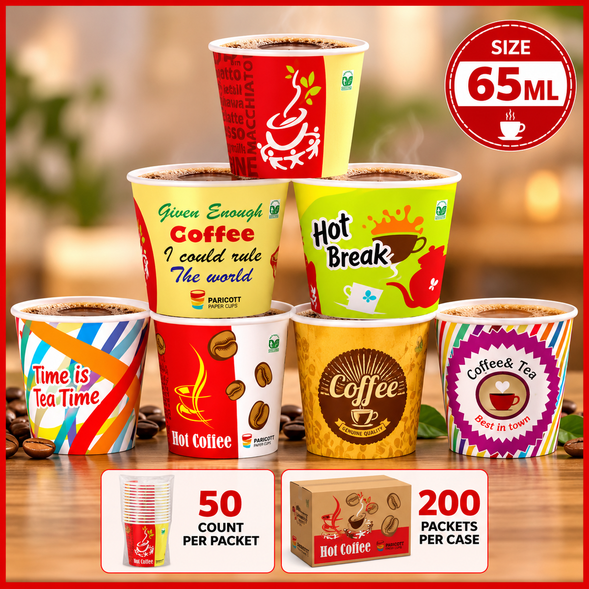65ML Premium Disposable Paper Cups – Tea & Coffee Cups | 50 Cups per Packet | 200 Packets per Case