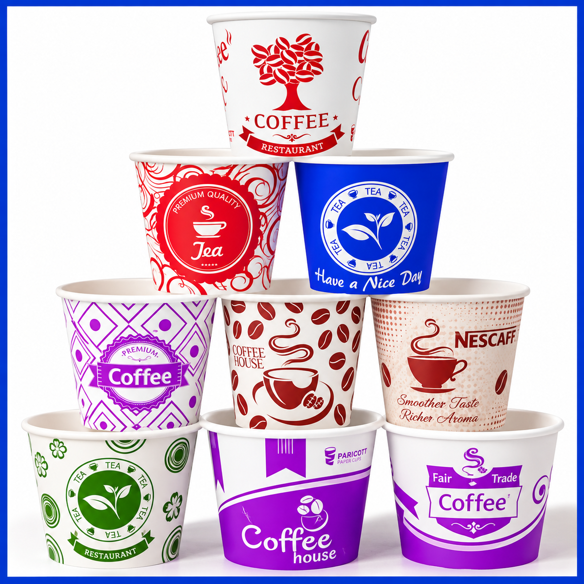 55ML Premium Disposable Paper Tea Cups – 50 Cups per Packet | 220 Packets per Case | Blue & White Printed Cups