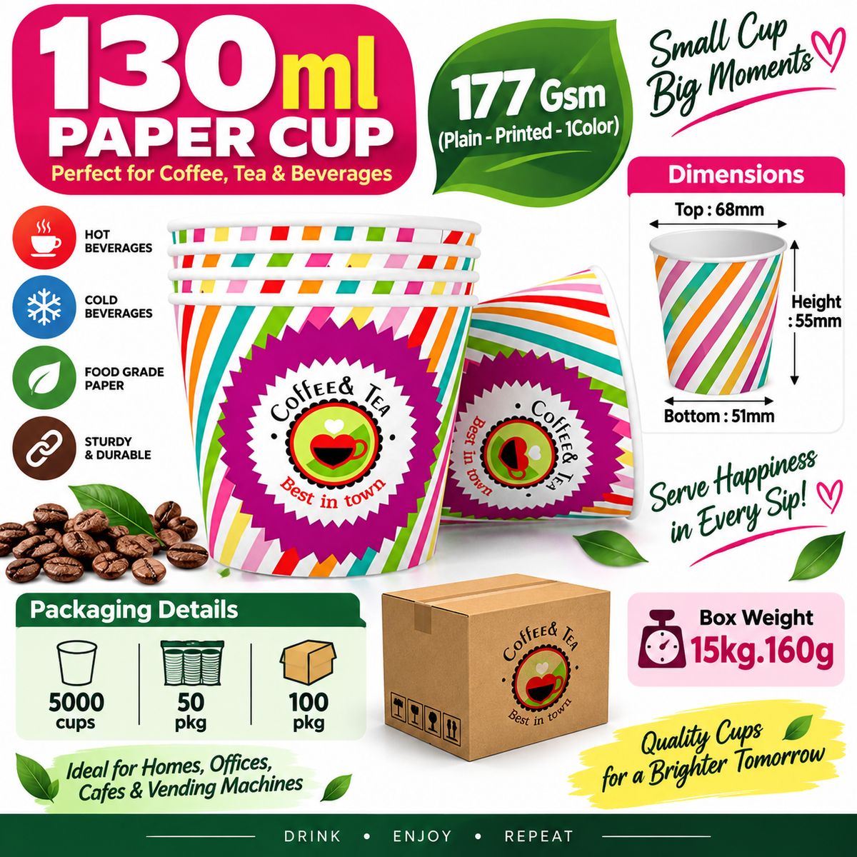 130ML Paper Cups | 177 GSM | Plain & Printed 1-Color | Premium Disposable Cups
