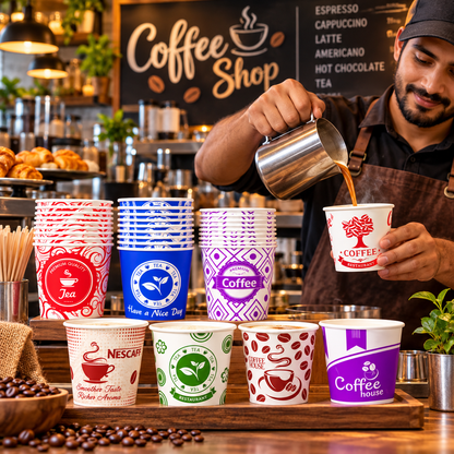 55ML Premium Disposable Paper Tea Cups – 50 Cups per Packet | 220 Packets per Case | Blue & White Printed Cups