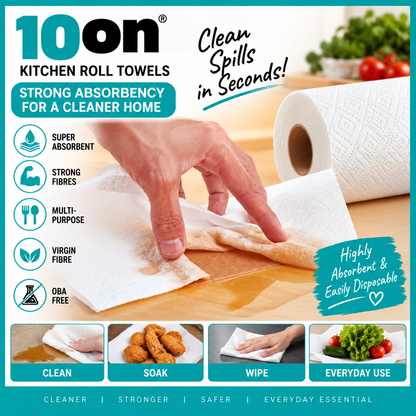 10on Lite Kitchen Towel 2-in-1 | 2-Ply | 2 Rolls | 120 Pulls | Super Absorbent & Strong Kitchen Towels