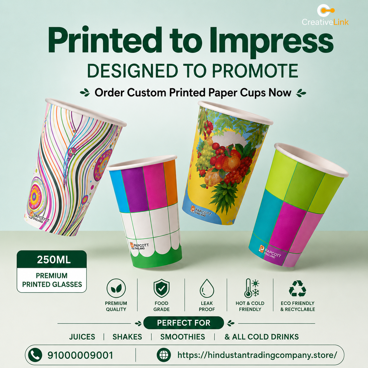 250ML Premium Printed Paper Glasses | 50 Pieces Pack | Stylish & Durable