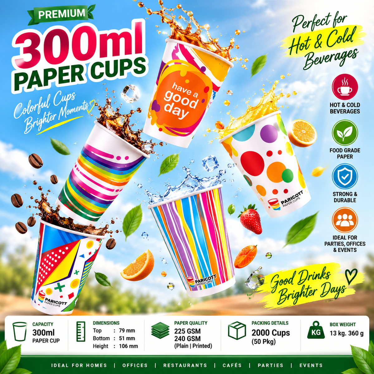 300ML Premium Paper Cups | 225 GSM & 240 GSM | Plain & Printed | 2000 Cups/Box