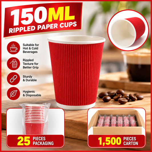 150ML Rippled Paper Cups – 25 Pieces Pack