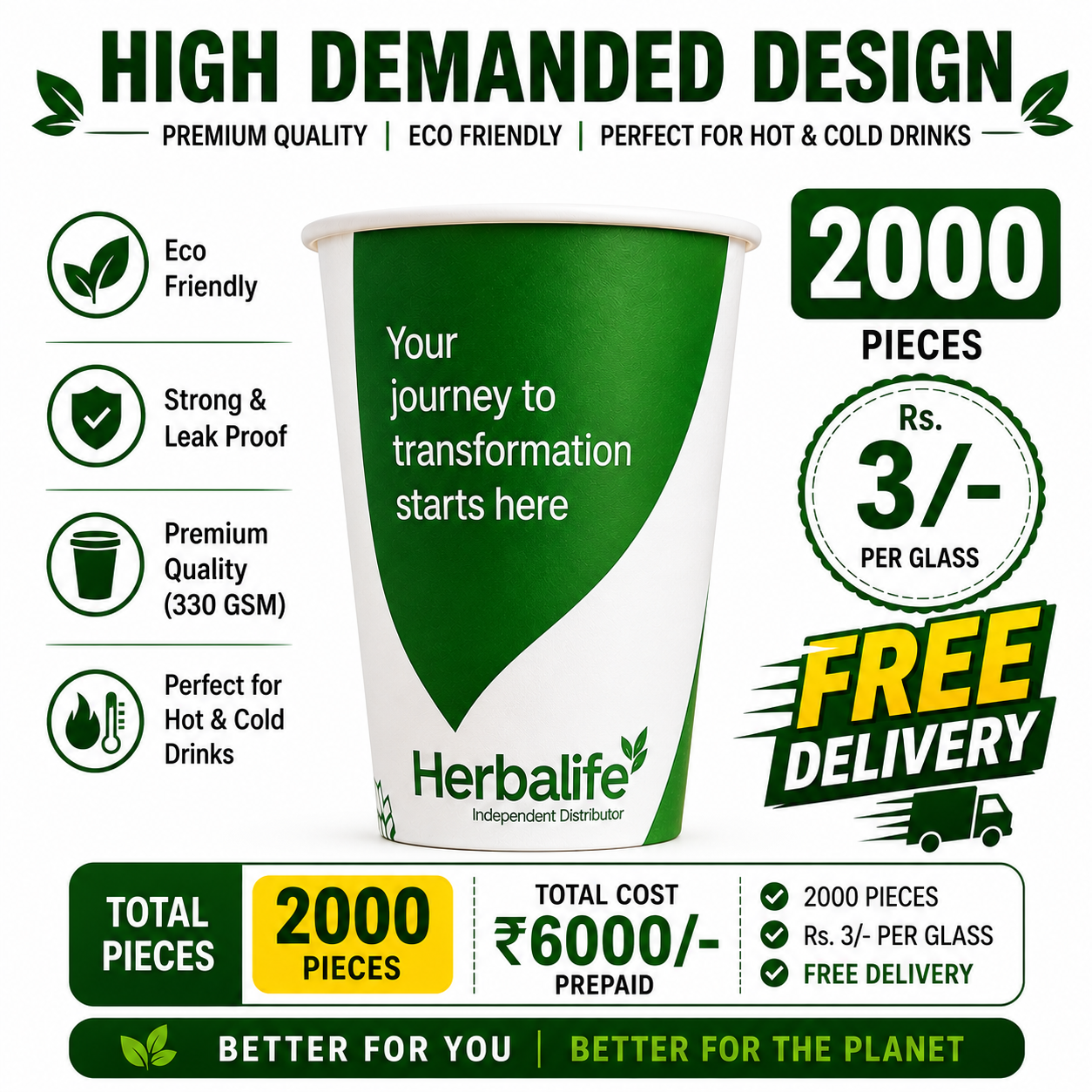 High-Demand HTC-5 Premium Nutritional Paper Glass | 330 GSM | 2000 Pieces | ₹3/Glass | Free Delivery
