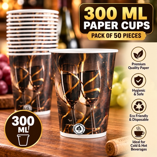 300ML Premium Printed Paper Cups – Assorted Designs | Pack of 50 Pieces | Disposable Cups for Hot & Cold Beverages