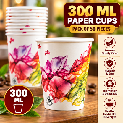 300ML Premium Printed Paper Cups – Assorted Designs | Pack of 50 Pieces | Disposable Cups for Hot & Cold Beverages