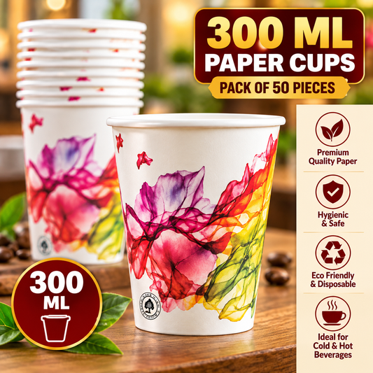 300ML Premium Printed Paper Cups – Assorted Designs | Pack of 50 Pieces | Disposable Cups for Hot & Cold Beverages