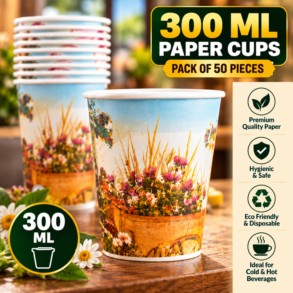 300ML Premium Printed Paper Cups – Assorted Designs | Pack of 50 Pieces | Disposable Cups for Hot & Cold Beverages