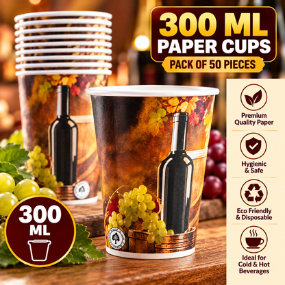300ML Premium Printed Paper Cups – Assorted Designs | Pack of 50 Pieces | Disposable Cups for Hot & Cold Beverages