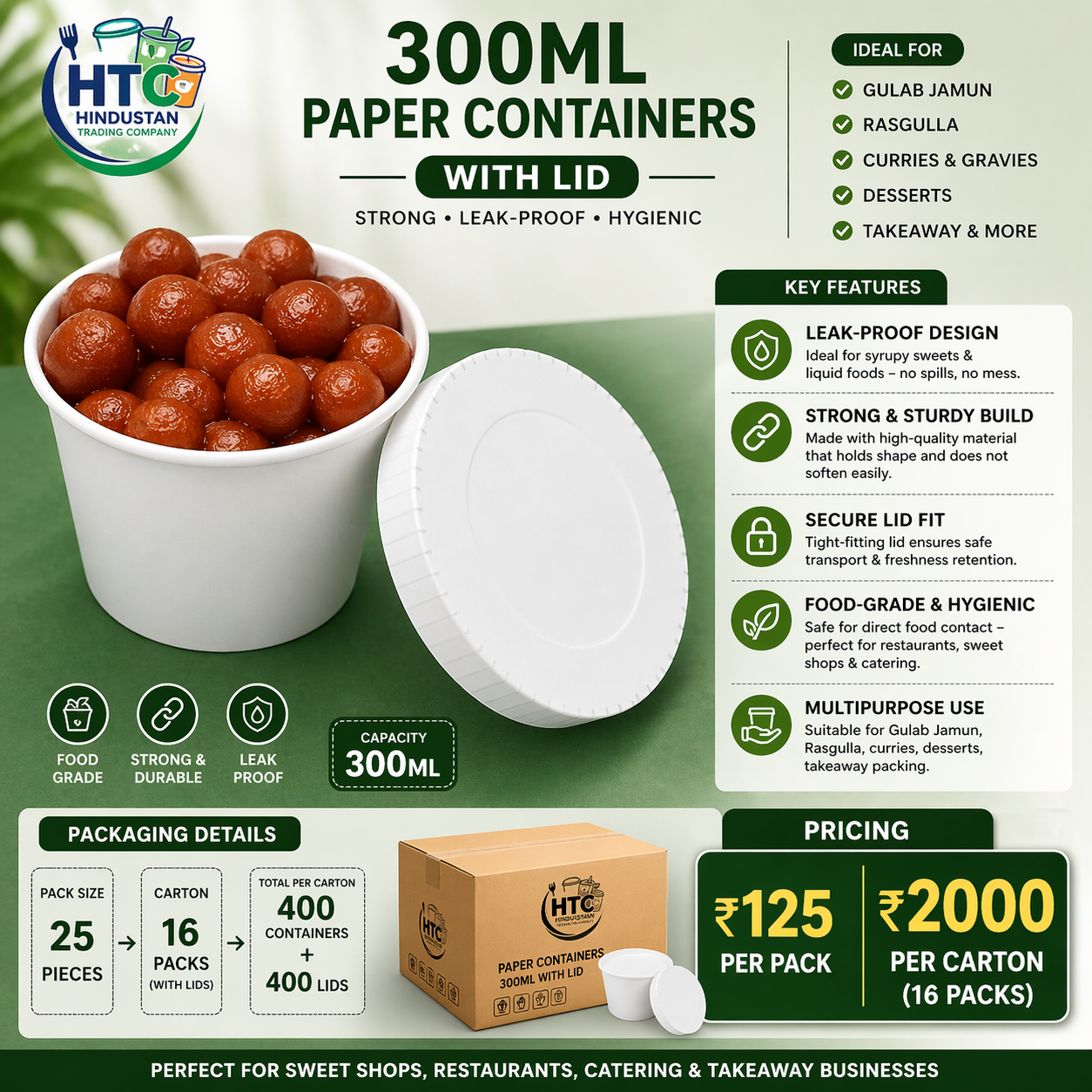 300ML Paper Container with Paper Lid - Pack of 25 Pieces